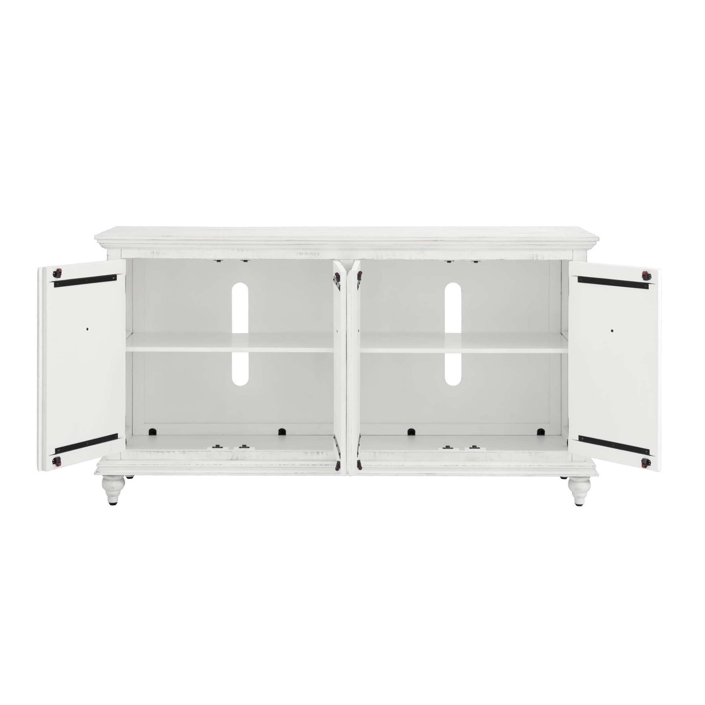 Mervyn White wooden cabinet with open doors on a white background