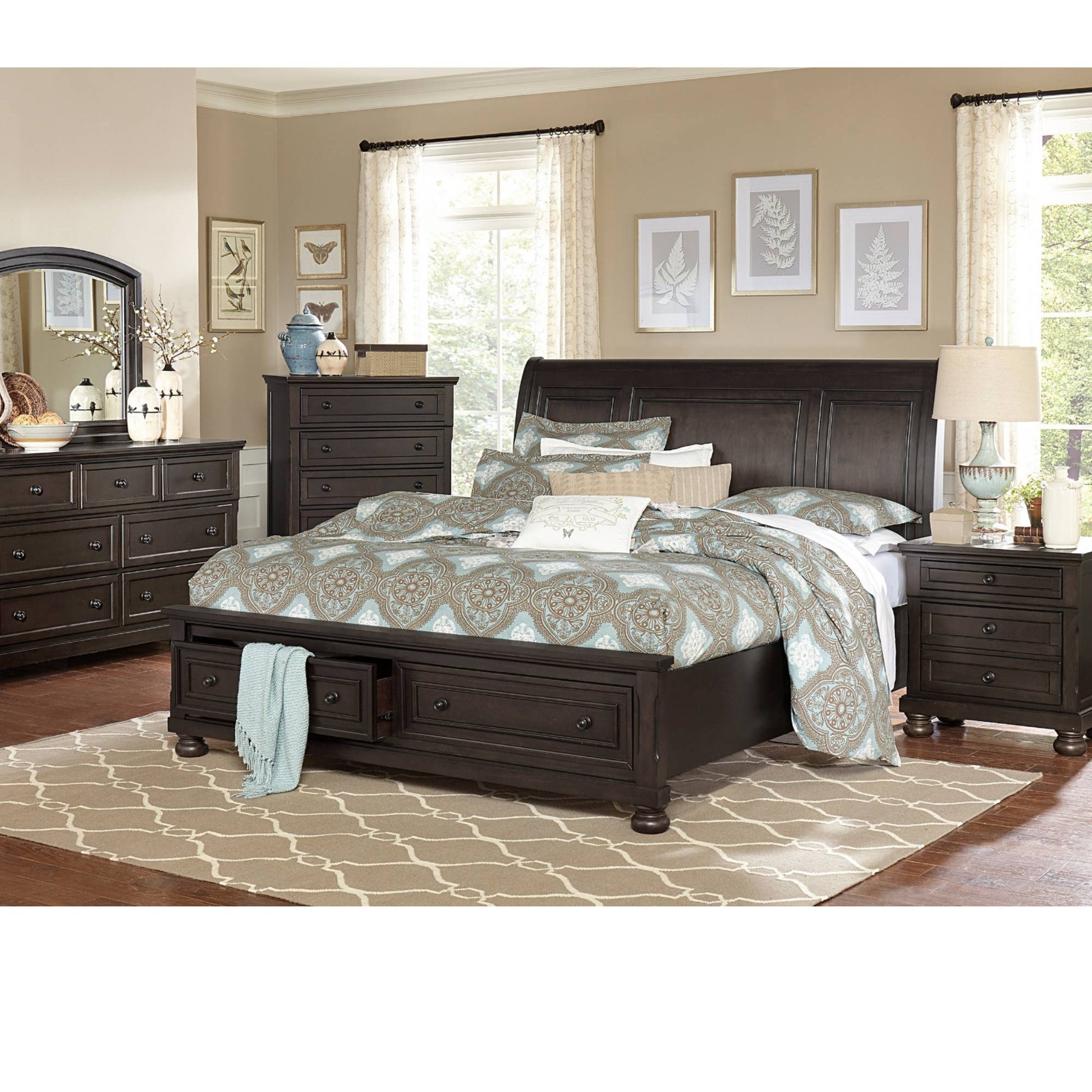 Dark grey montcalm bedroom set with footboard drawers in bedroom setting