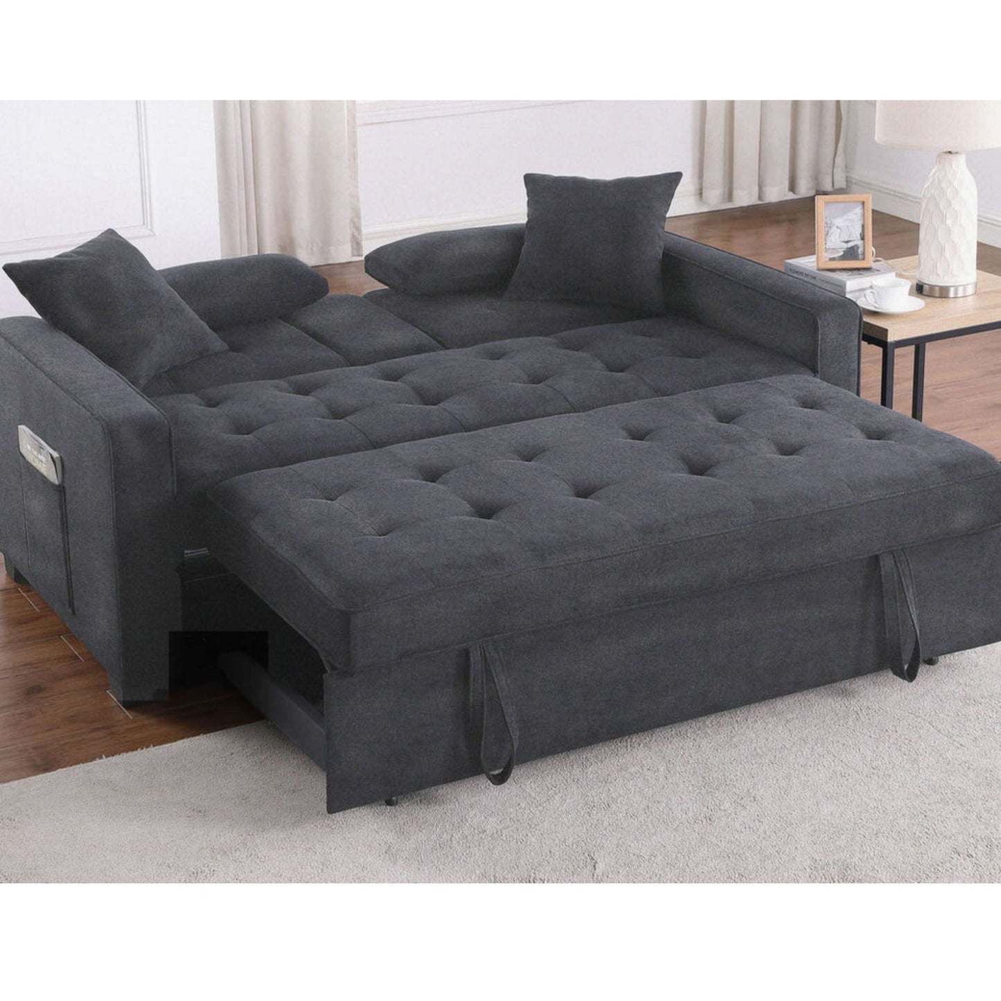 Open and flat Montia Pull-Out Sofa Sleeper in Grey in living room setting