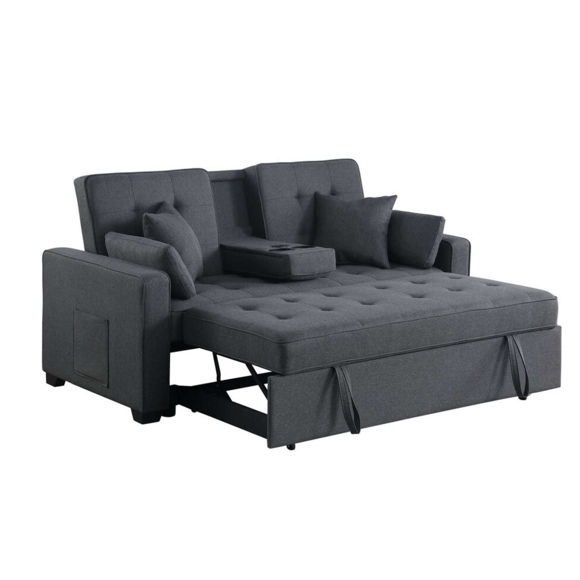 Montia Pull-Out Sofa Sleeper in Grey upholstery with drop town center table on white background