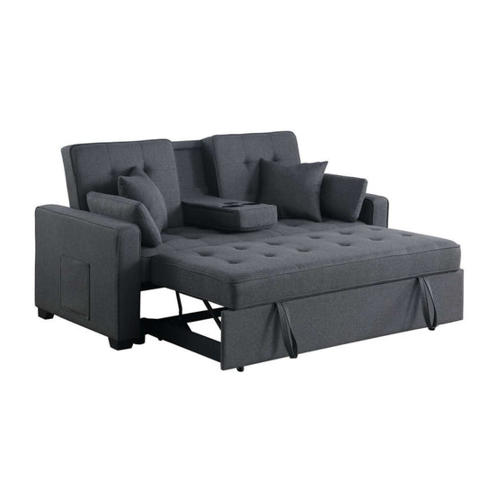 Montia Pull-Out Sofa Sleeper in Grey upholstery with drop town center table on white background