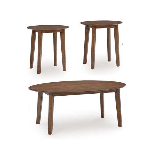 Montrose coffee table and two end tabls in brown with mid-century style on white background