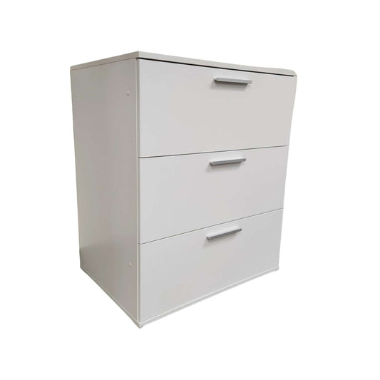 White three-drawer filing cabinet on a white background
