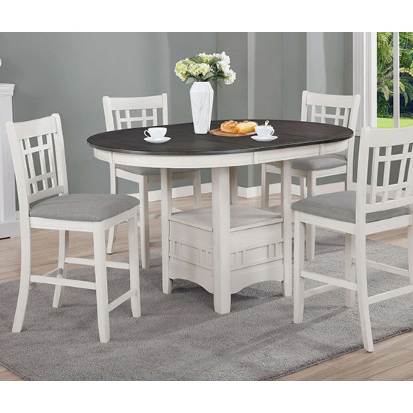 Nina Counter Height Dining room set with a round table and four chairs on a gray rug in dining room setting