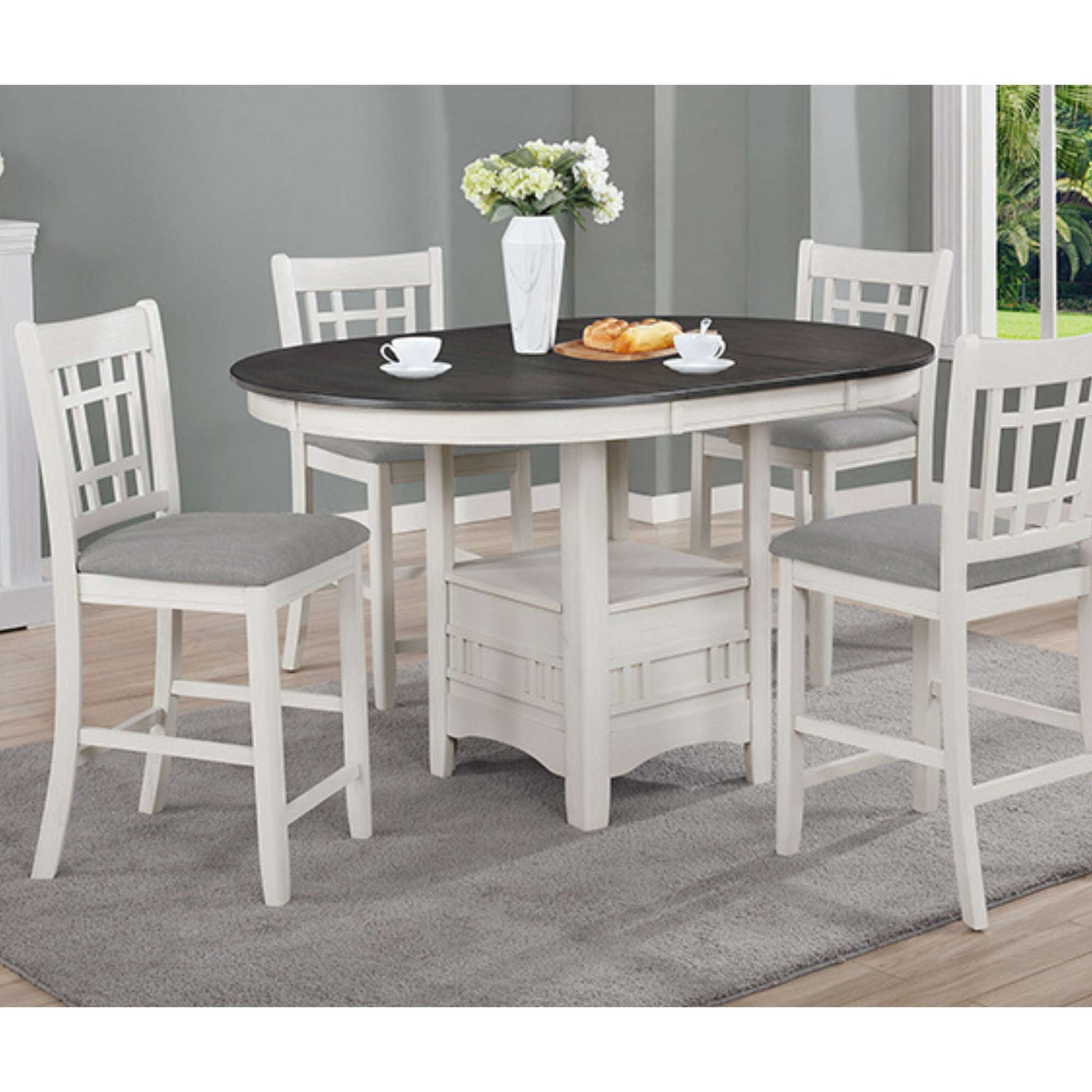 Nina Counter Height Dining room set with a round table and four chairs on a gray rug in dining room setting