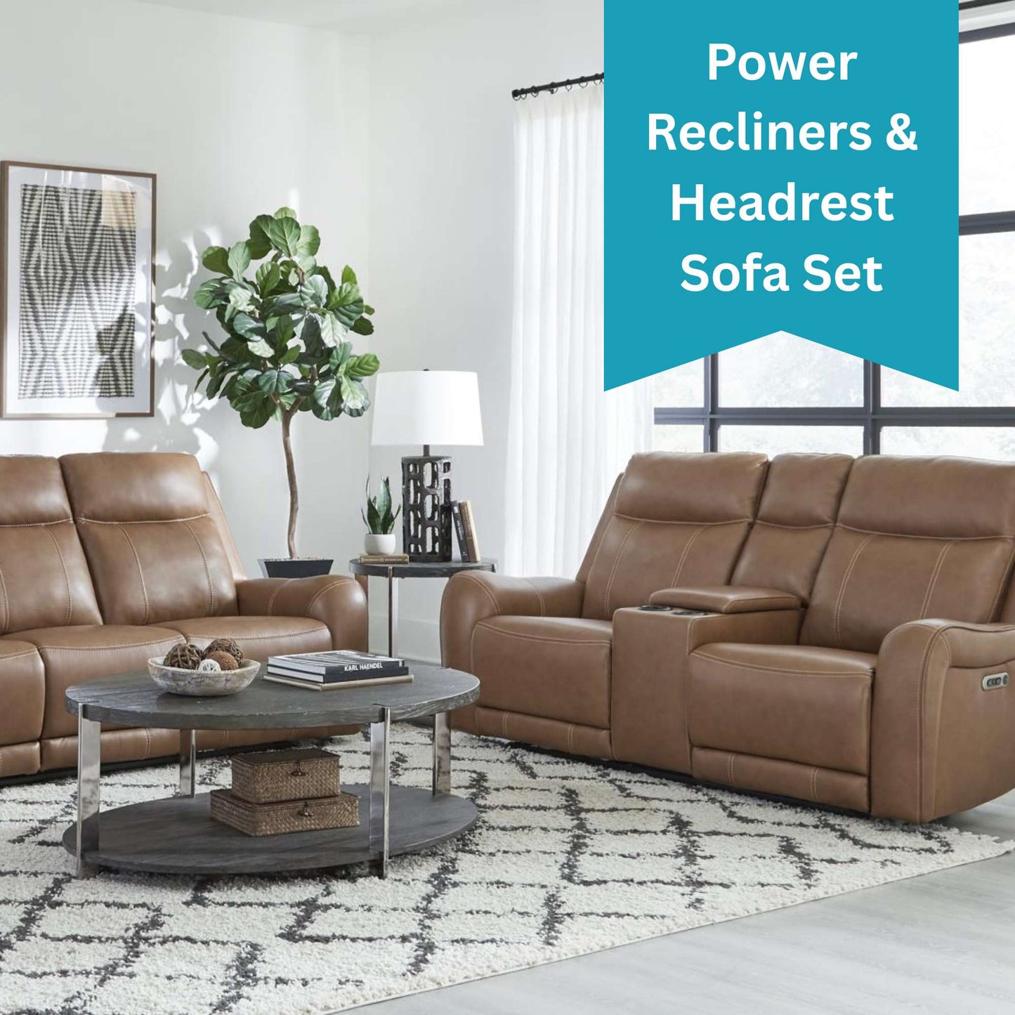 Brown power recliner sofa set in a living room with a coffee table and decorative items.