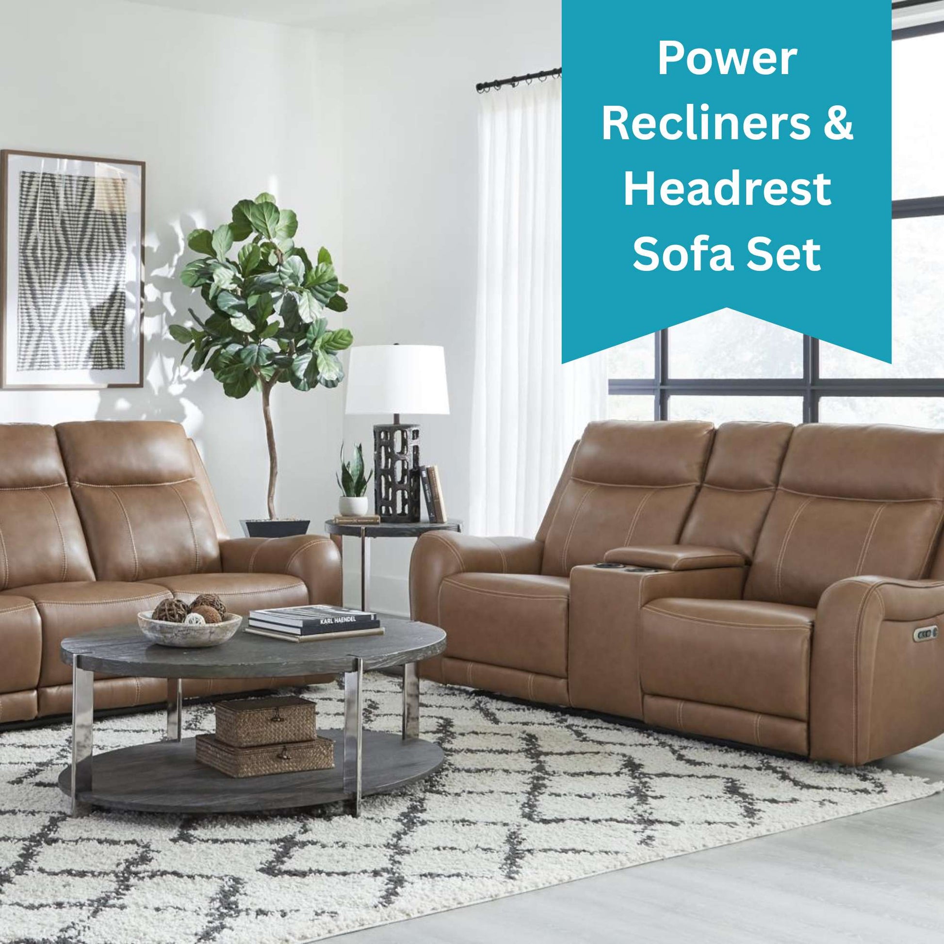 Brown power recliner sofa set in a living room with a coffee table and decorative items.