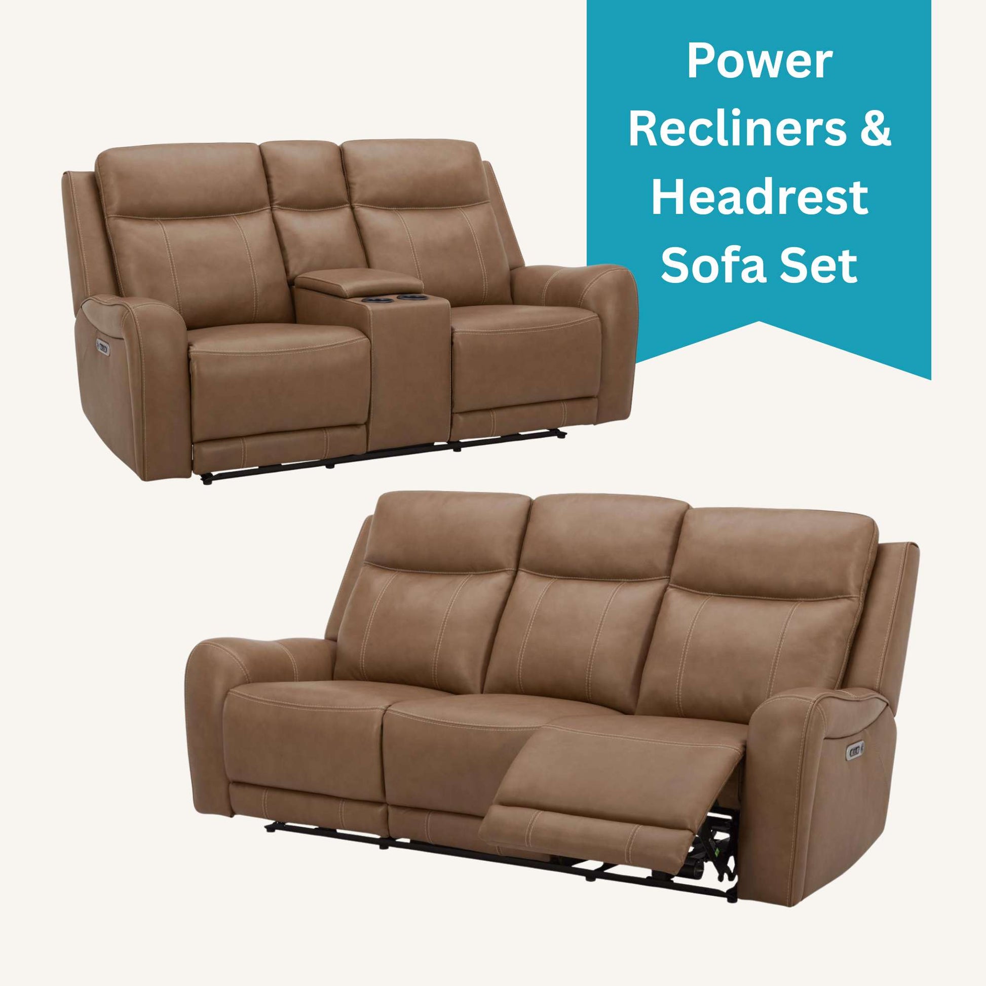 Brown power recliner sofa set with headrests on a white background
