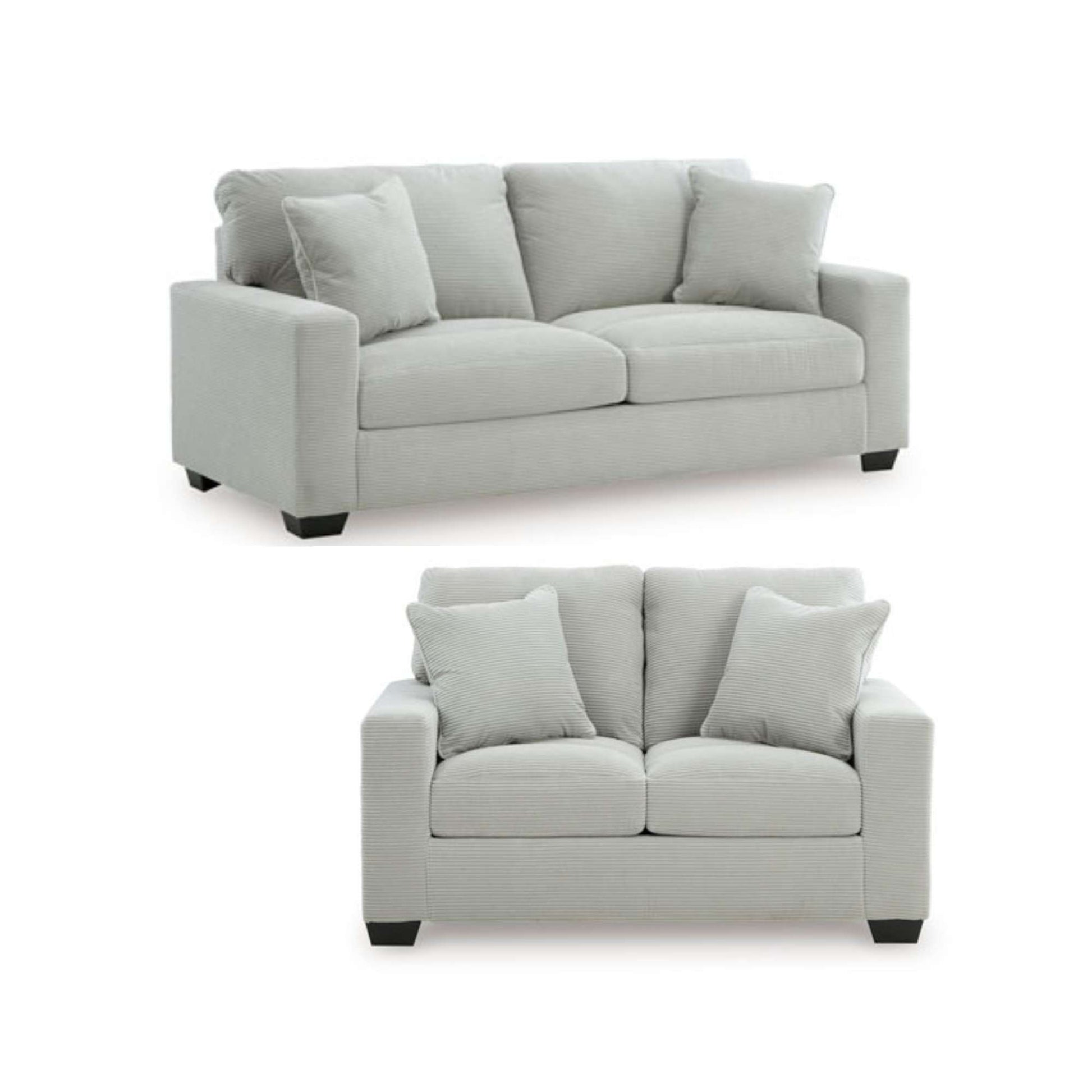 Oakmont sofa loveseat set in soft corduroy smoke upholstery with accent pillows included displayed on white background