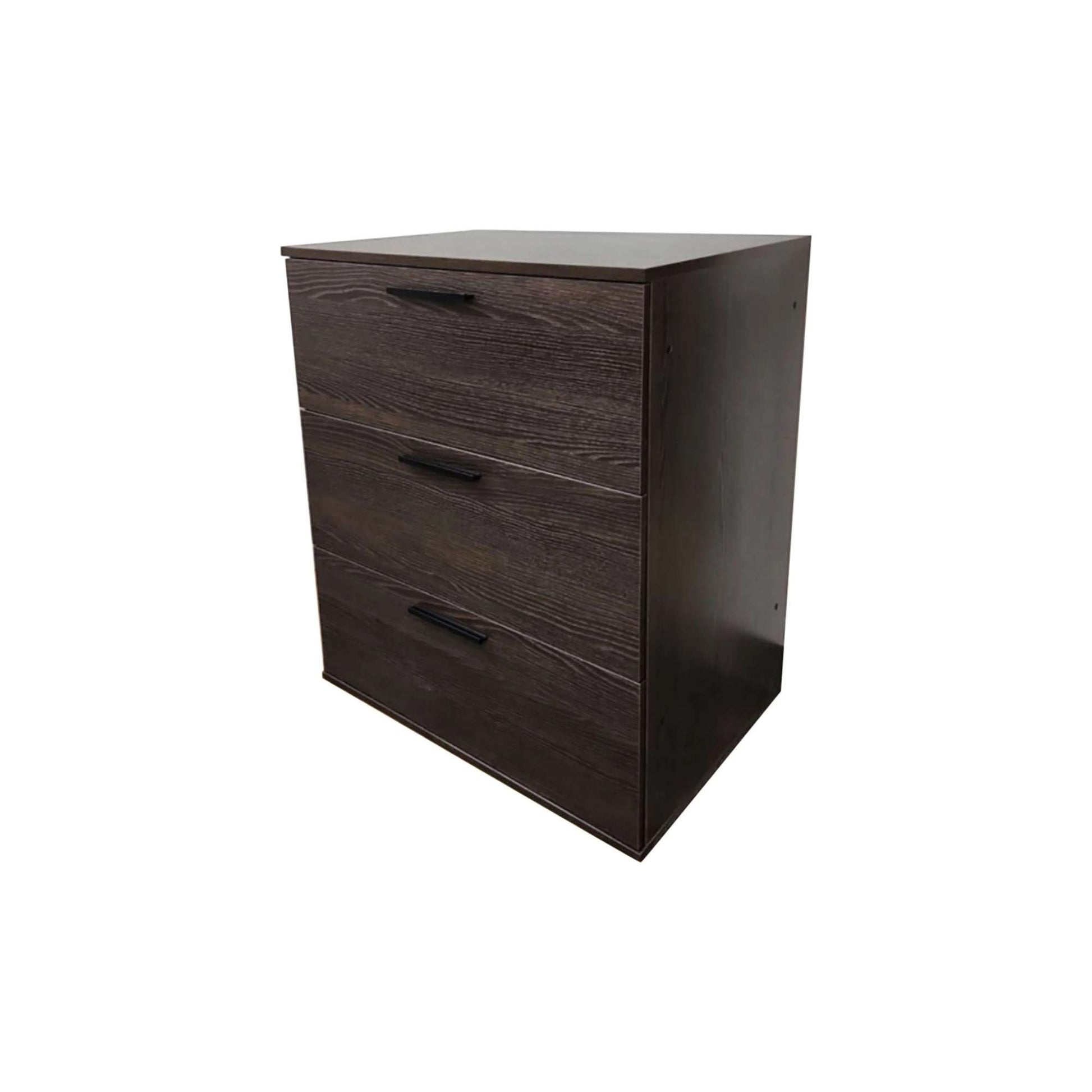 Dark wood three-drawer dresser on a white background