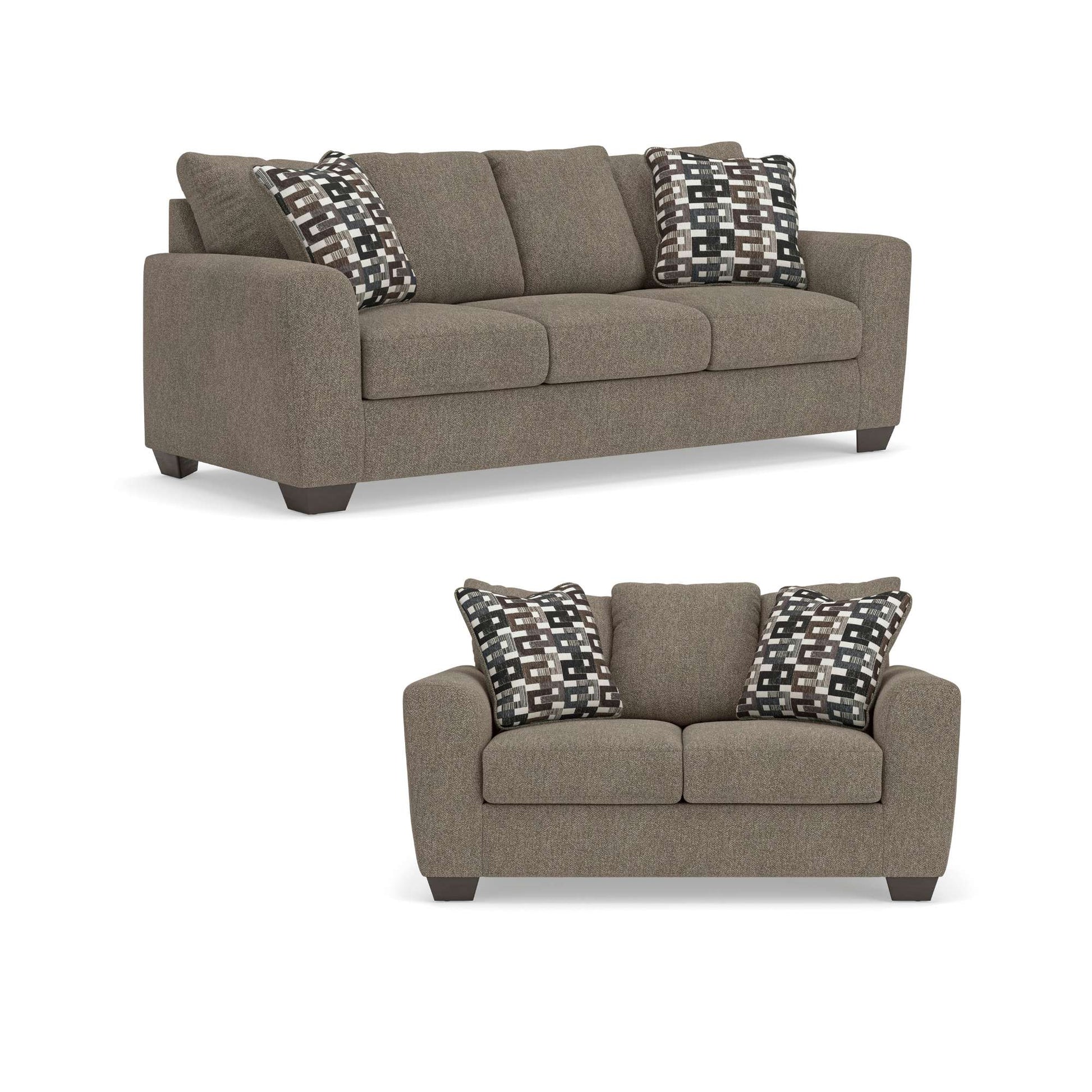 Orlo sofa and loveseat in suede upholstery on white background