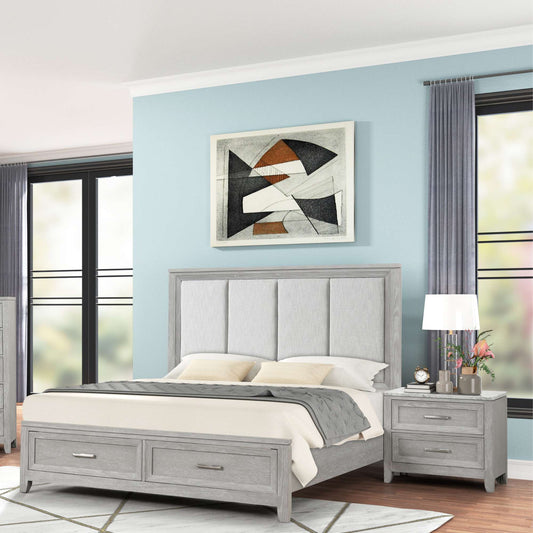 Paisley Bed with storage footboard and two drawer nightstand in mist grey in a blue bedroom set