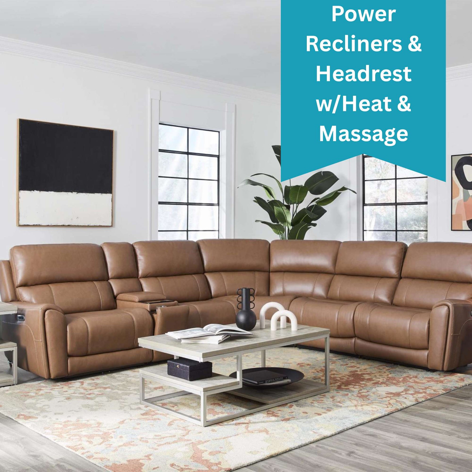 Brown sectional sofa in a living room with a coffee table and decorative items, featuring text about power recliners and features.