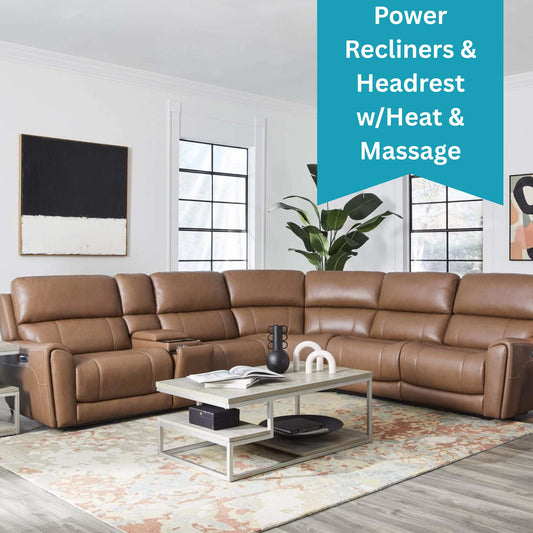 Brown sectional sofa in a living room with a coffee table and decorative items, featuring text about power recliners and features.