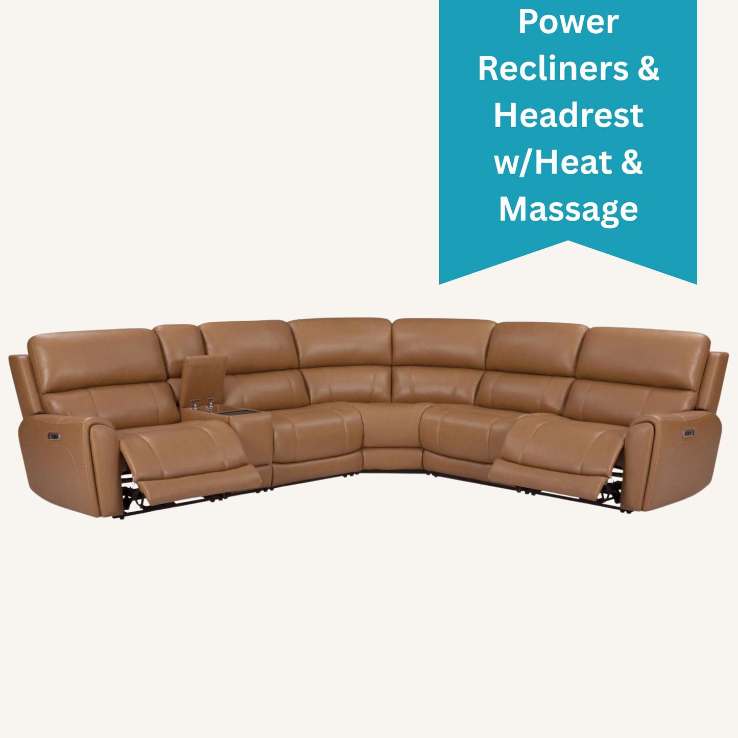 Brown sectional sofa with power recliners and massage features on a white background