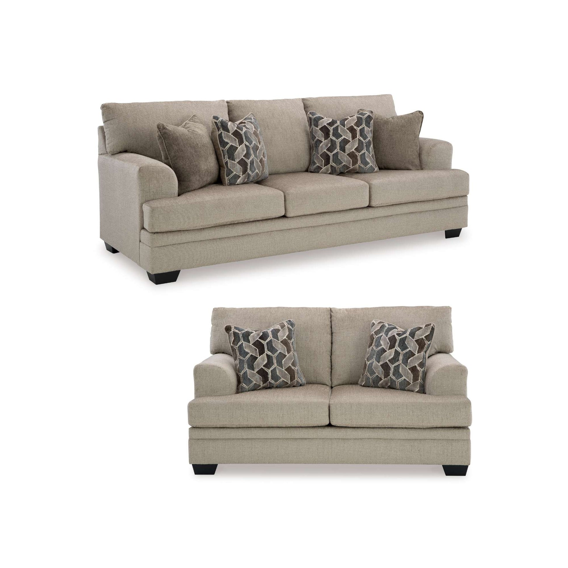 Pittman sofa and loveseat in taupe upholstery with accent pillows on white background