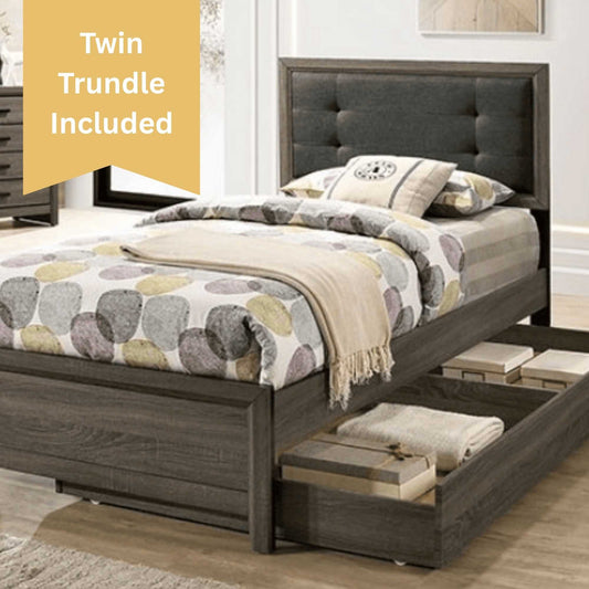 Wooden bed frame with trundle and bedding in a bedroom setting