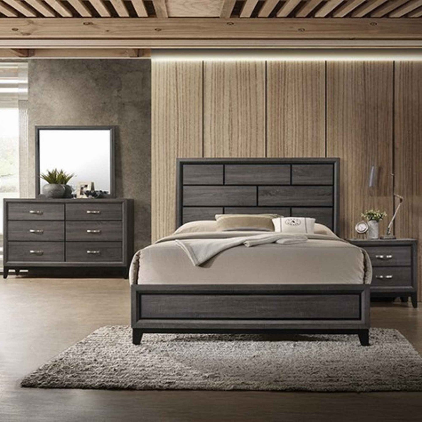 Wooden bedroom set with bed, dresser, and mirror in a modern room.