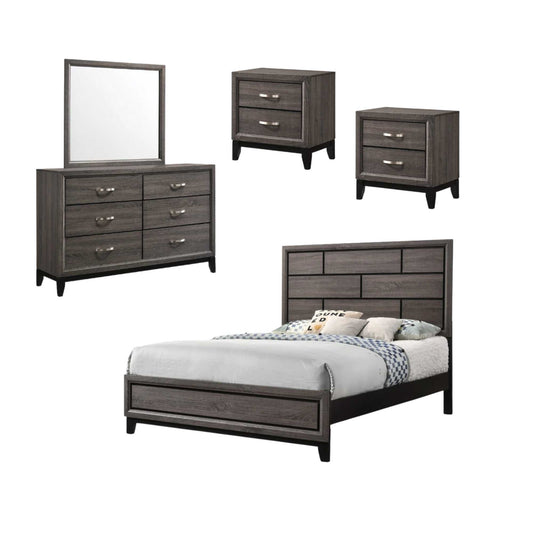 Gray bedroom furniture set with bed, dresser, nightstands, and mirror on a white background