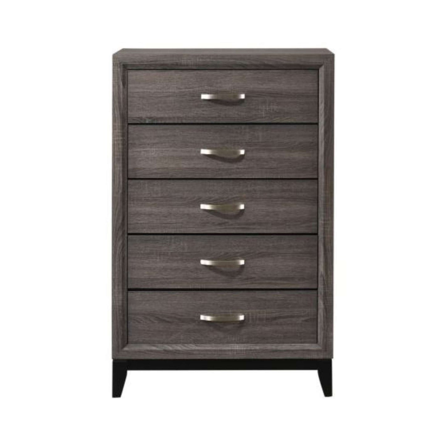 A grey veneer 5-drawer chest with metal handles and a rectangular shape.