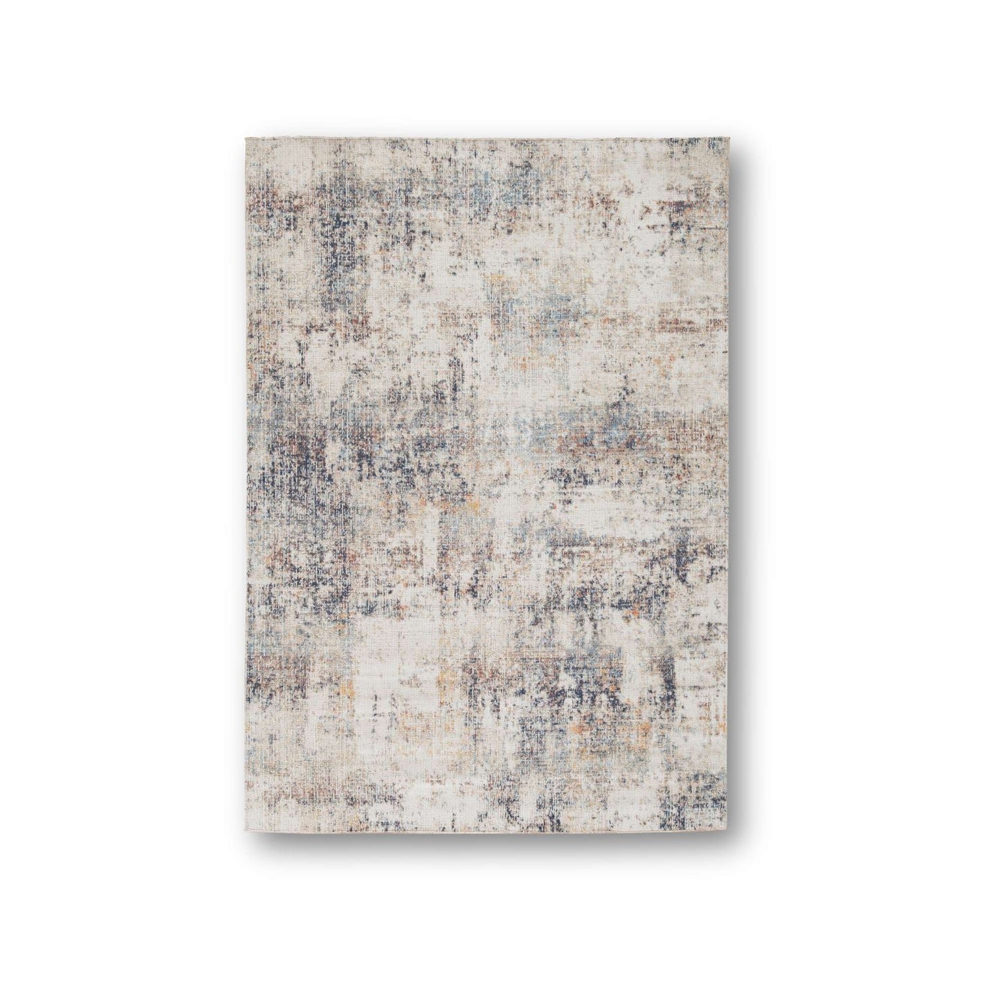 Rectangular multi colored area rug with a textured pattern on a white background