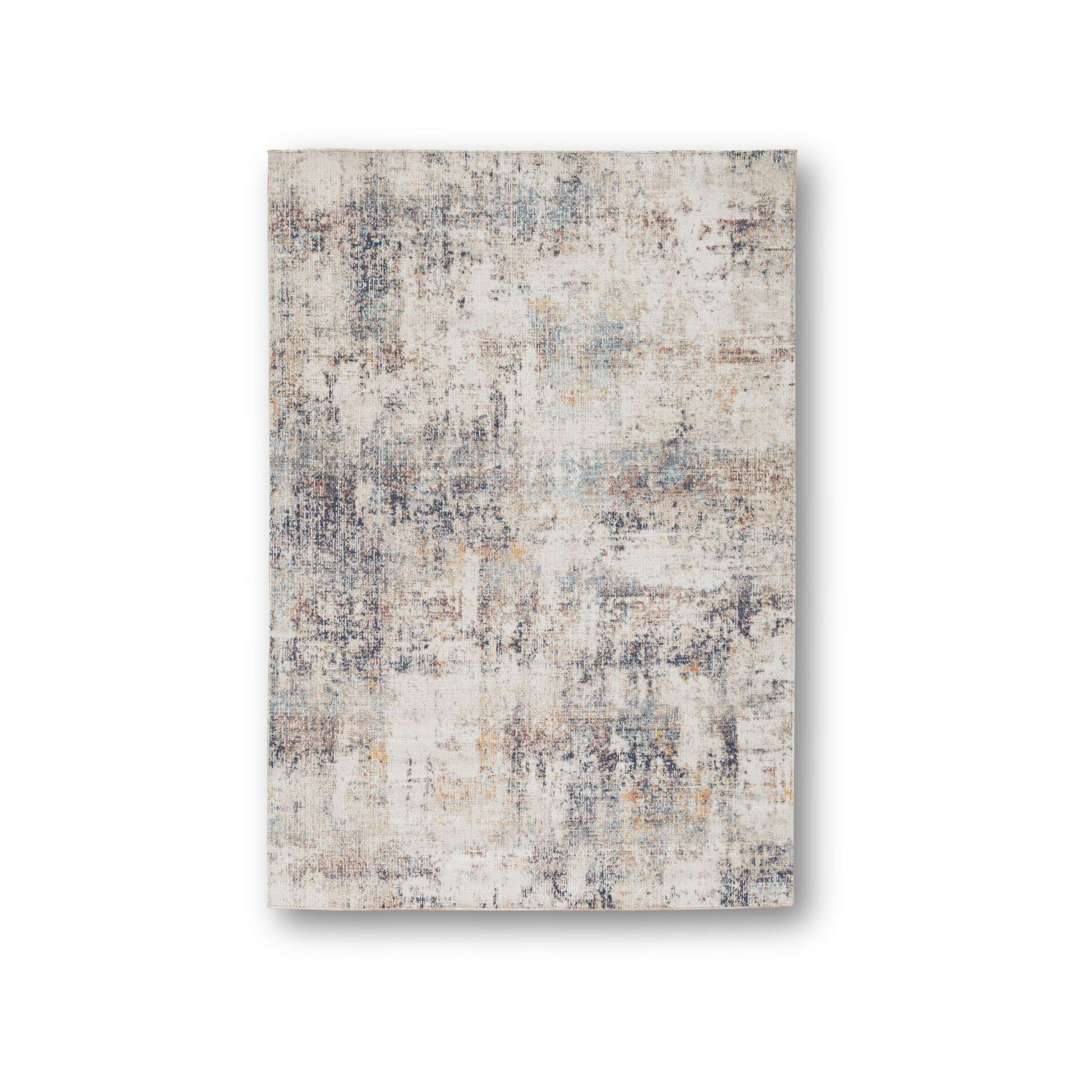 Rectangular multi colored area rug with a textured pattern on a white background