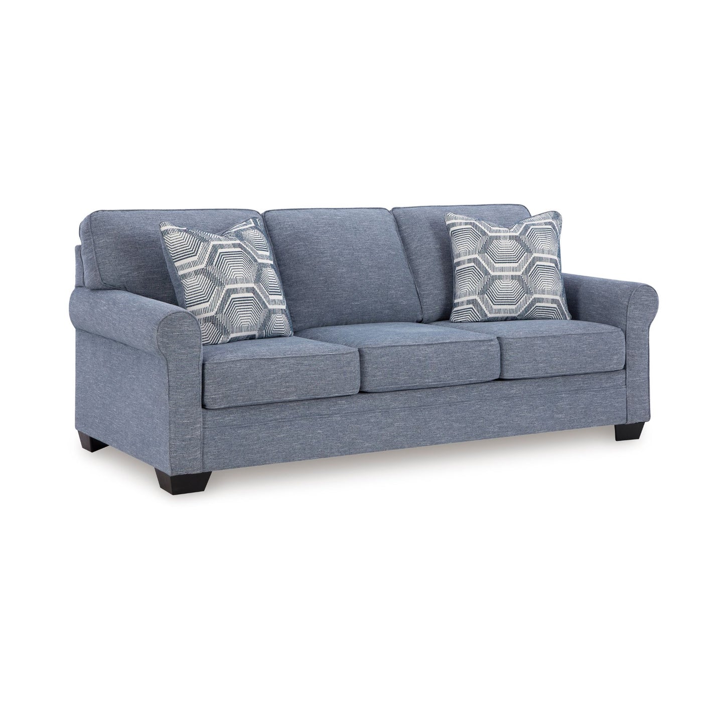 Rosebury Denim blue sofa with patterned pillows on a white background