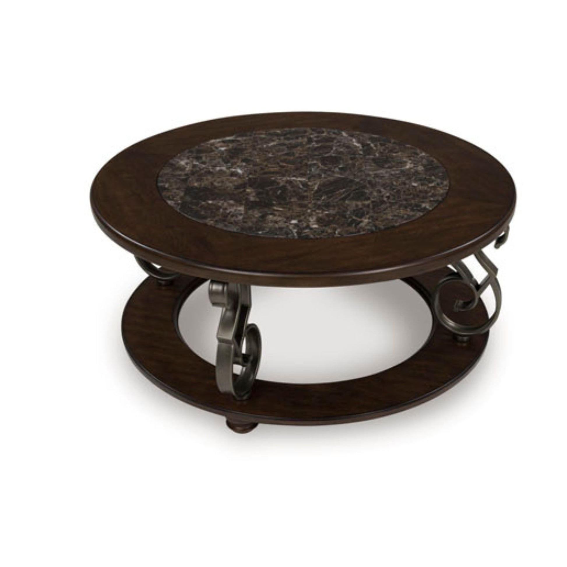Sania round coffee table is available in dark brown finish with faux marble table-top displayed on white background
