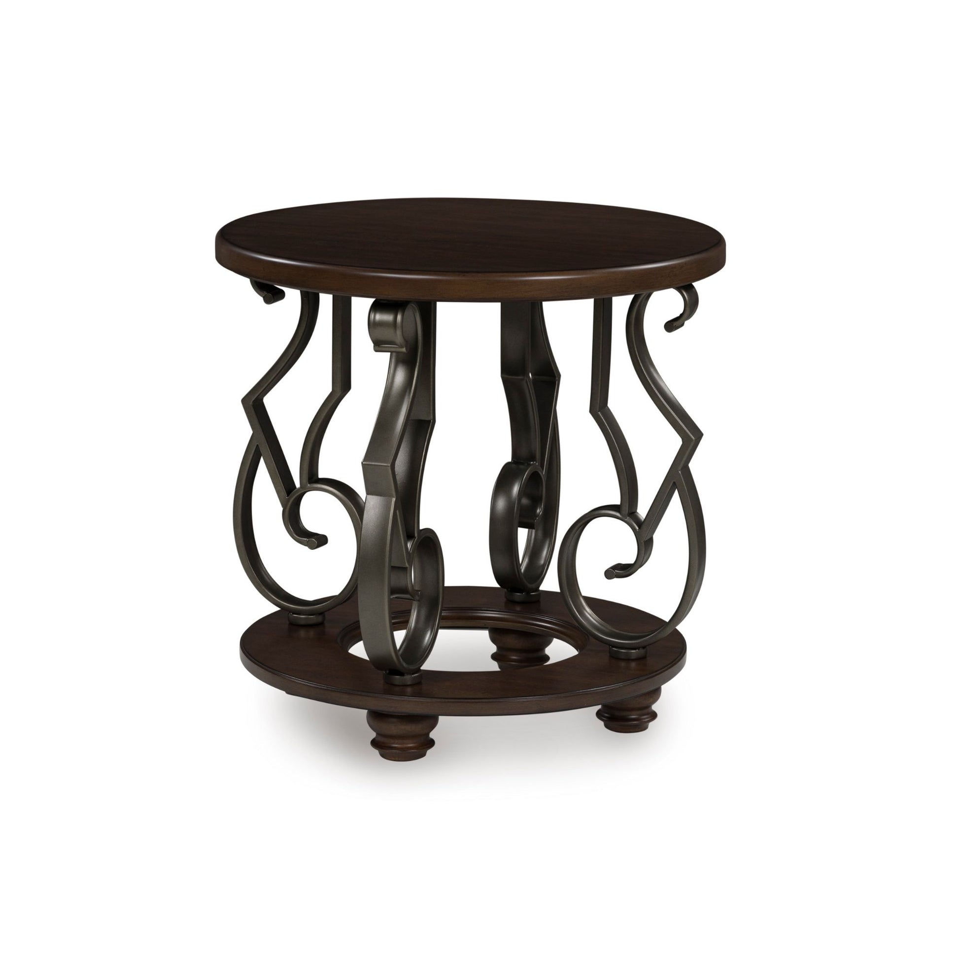 Round wooden side table with decorative metal legs on a white background