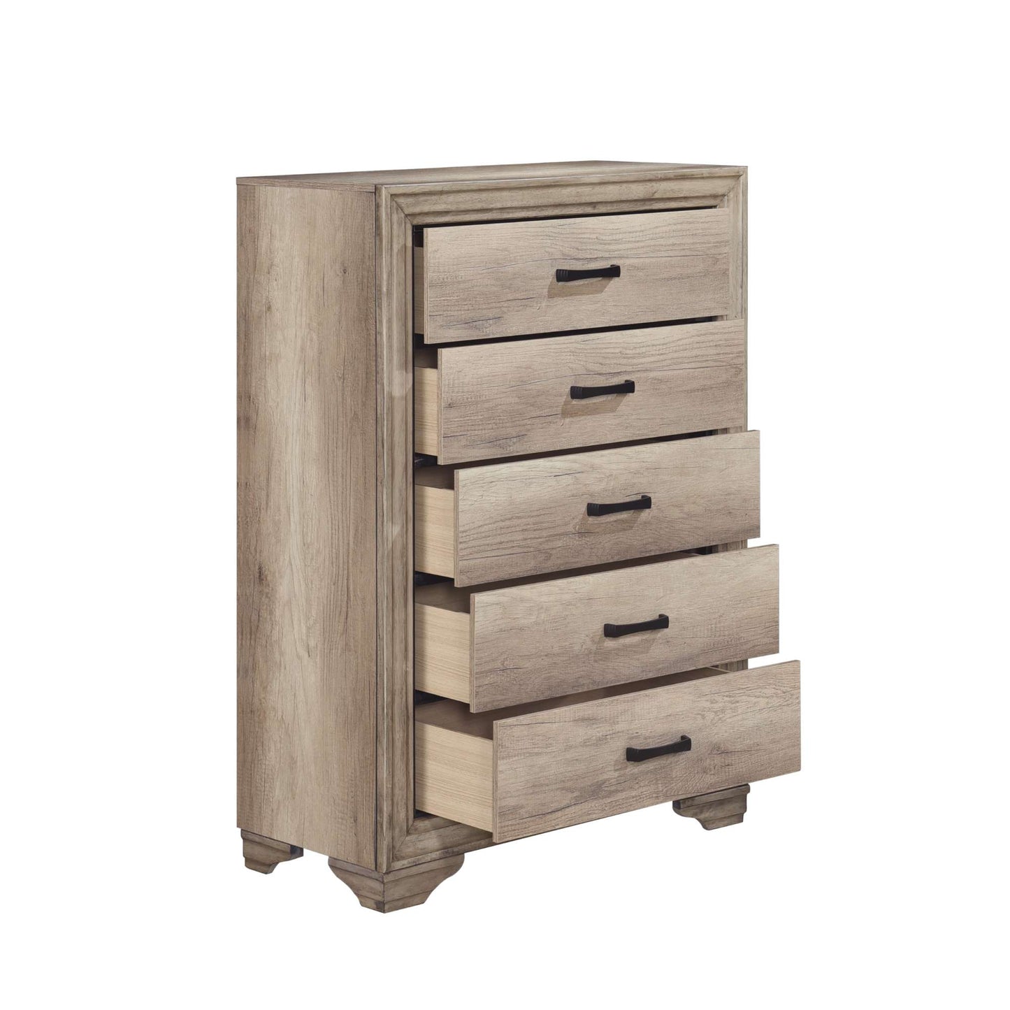 Wooden dresser with four drawers on a white background