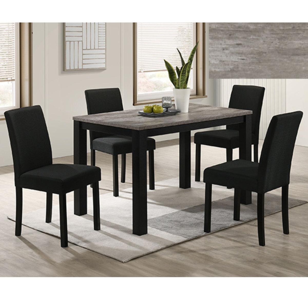 Shorbyn 5-piece dining room set featuring a rectangular table with a gray stone-look top and black legs, surrounded by four black upholstered dining chairs, set on a gray patterned rug in a modern dining room.