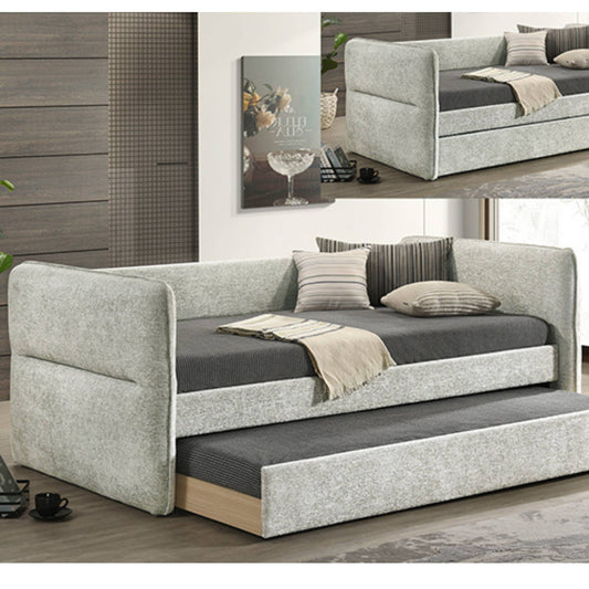 Sonia light grey upholstered daybed in twin size with twin trundle in bedroom setting