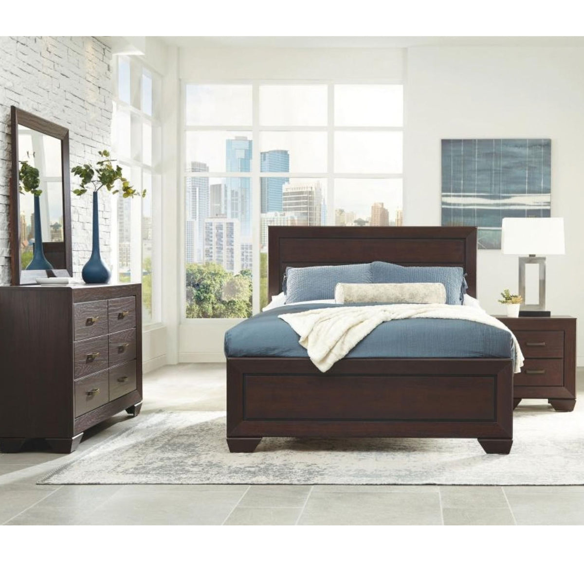 Tennos 7 PC bedroom set in dark cocoa brown veneer with bedroom accents in bedroom setting