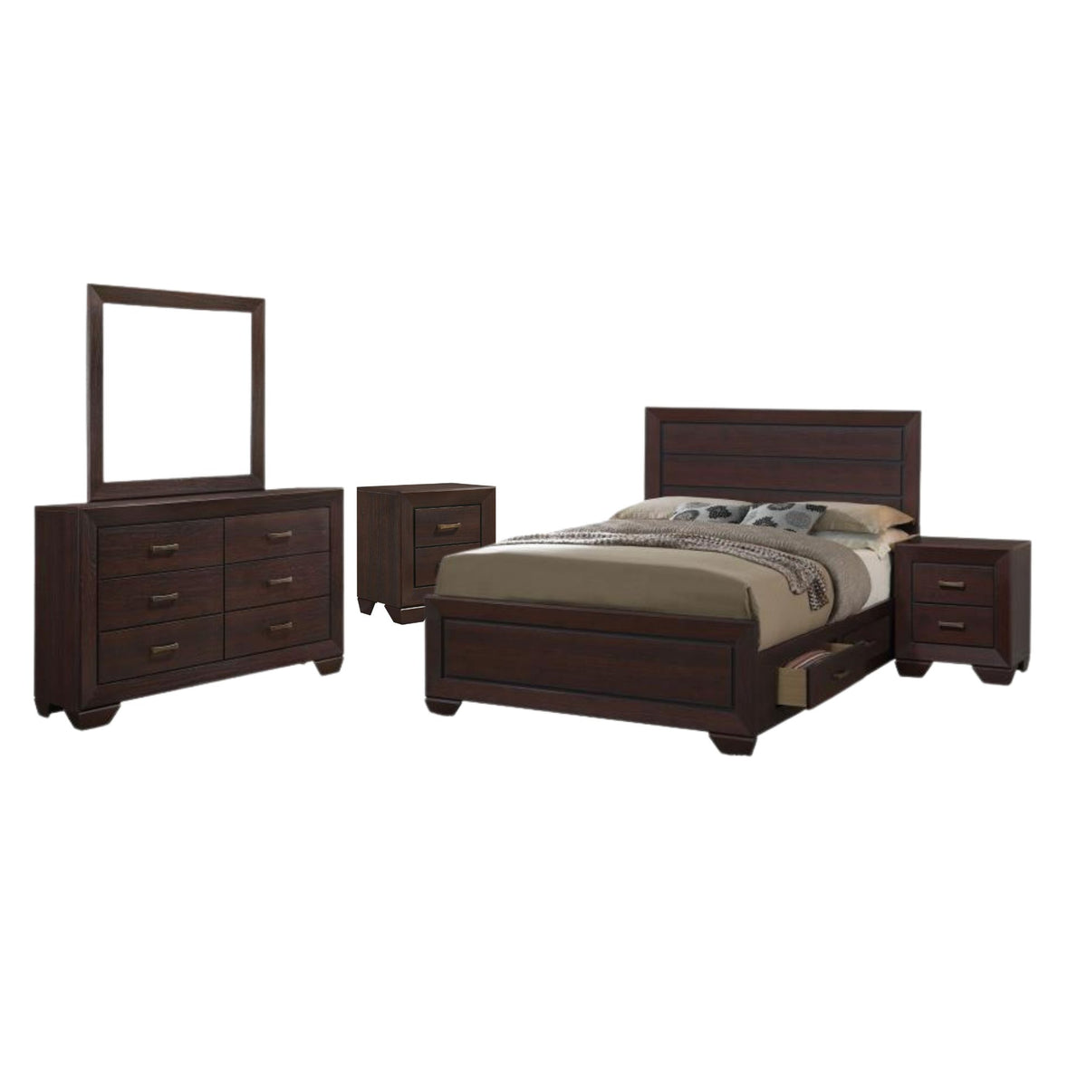 Tennos 7 piece bedroom set in dark cocoa brown with open bedframe drawer on white background. 