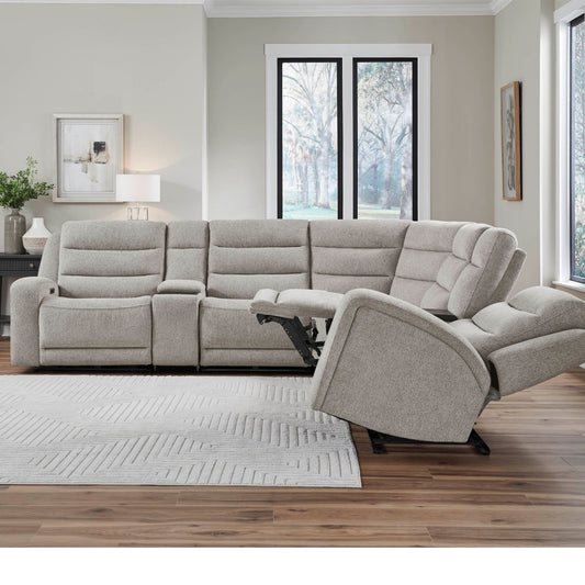 Terrian 6-Piece Power Motion Sectional with Power Adjustable Headrests in mari fawn upholstery in living room setting with decor. 