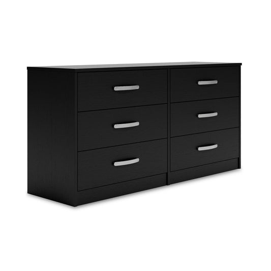 Matte Black Six Drawer Dresser with metal finish handles on white background
