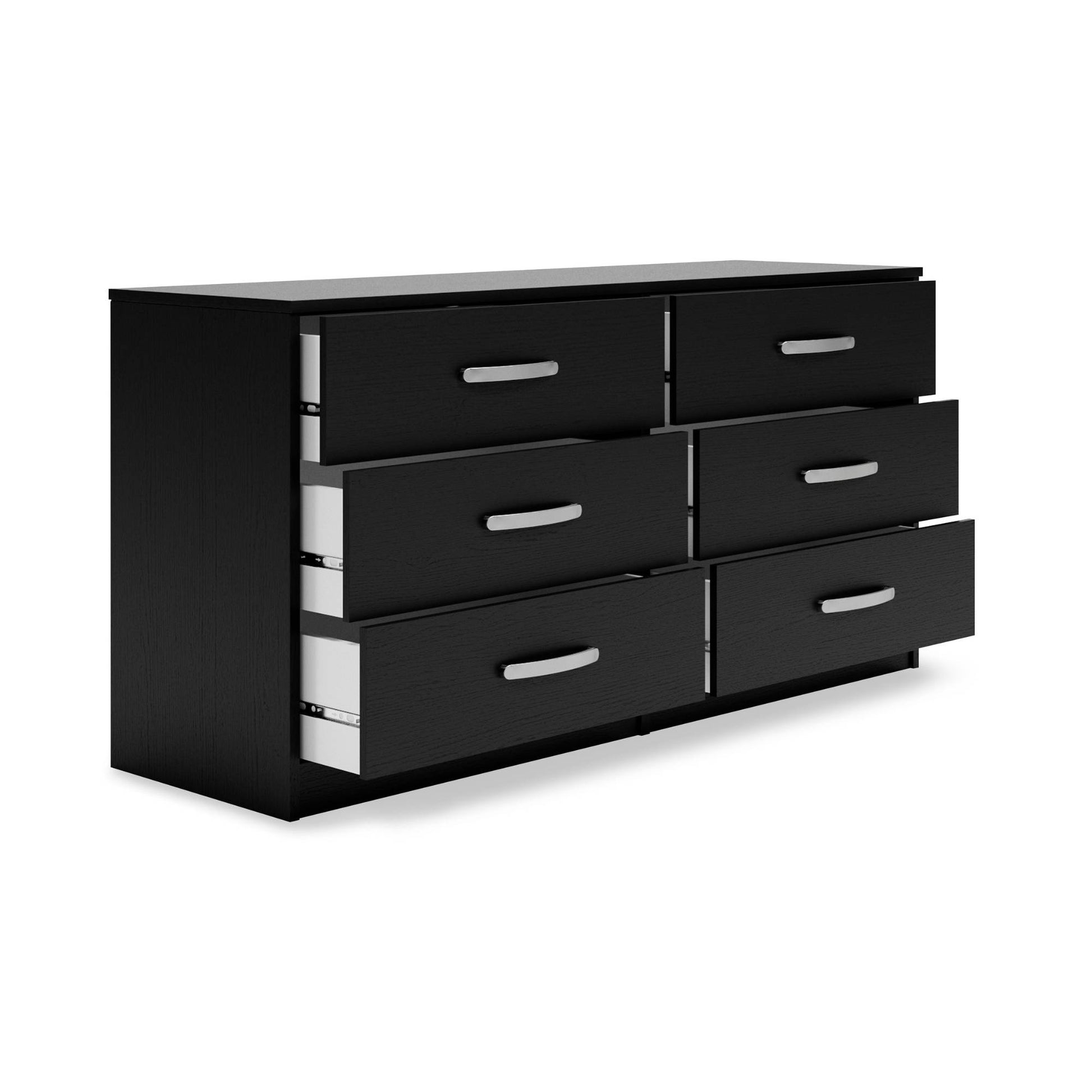 Open Matte Black Six Drawer Dresser with metal finish handles on white background