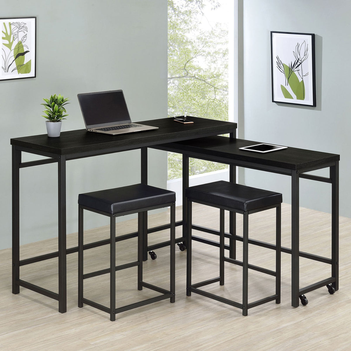 Trinell 4-Piece Counter Height Table Set with 2 Stools in dining room setting. 
