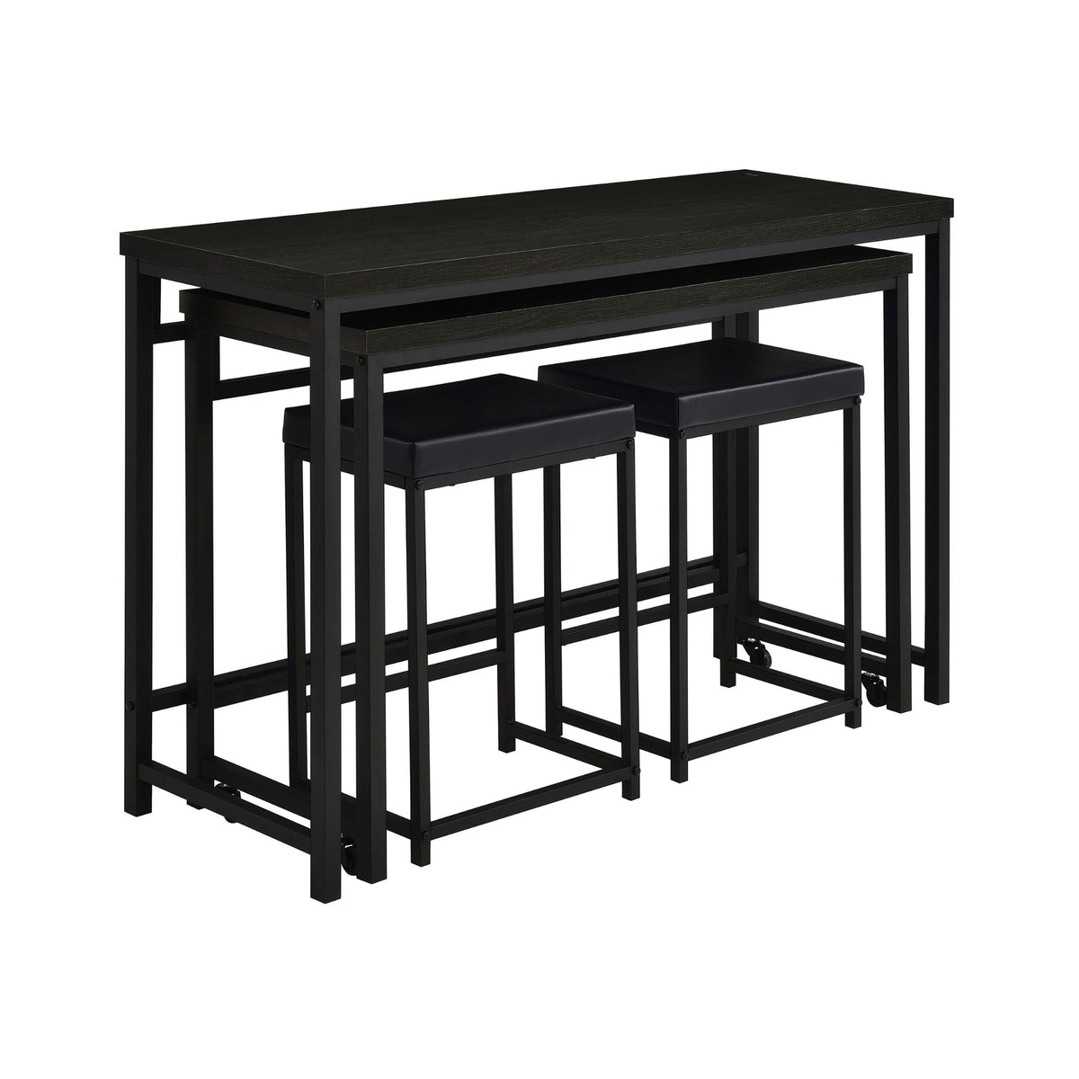 Trinell nesting counter height tables with two backless stools in black finish on white background. 