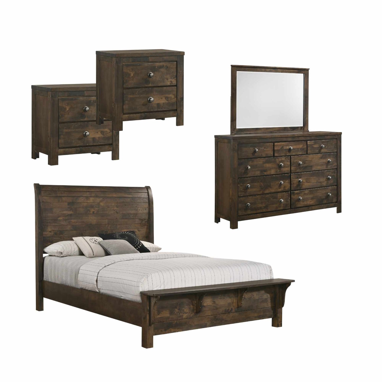 Wooden bedroom furniture set including bed, dresser, and nightstands on a white background