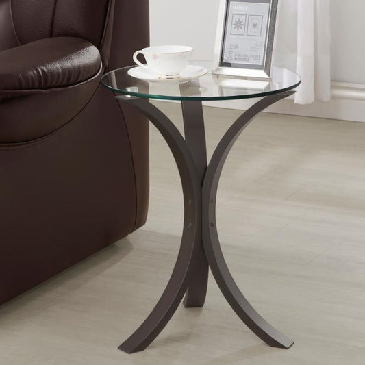 Round Glass Top Vonarra Accent Table at the End of a Recliner in cappuccino finish in living room setting.