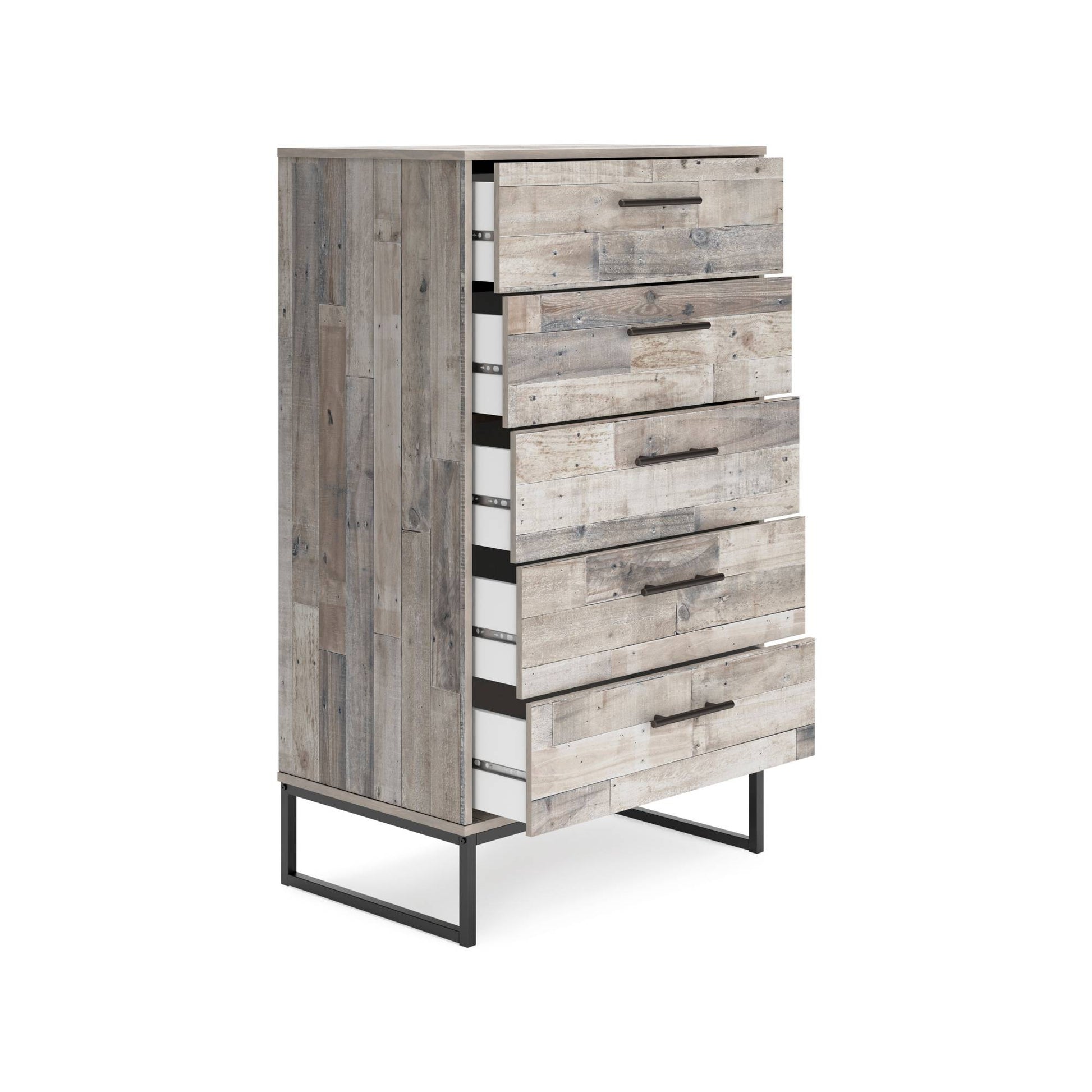 Open Willetta Multi Toned Beige Whitewashed Five Drawer Dresser on White Background