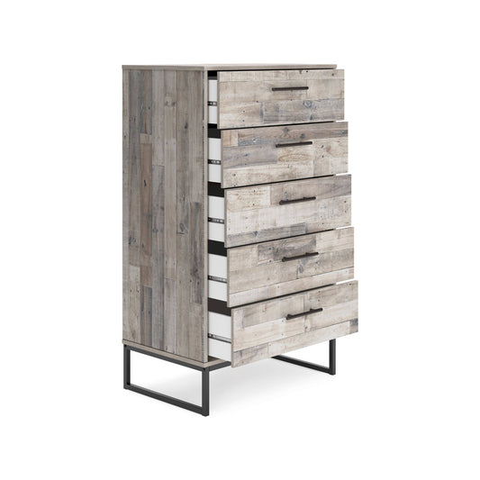 Open Willetta Multi Toned Beige Whitewashed Five Drawer Dresser on White Background
