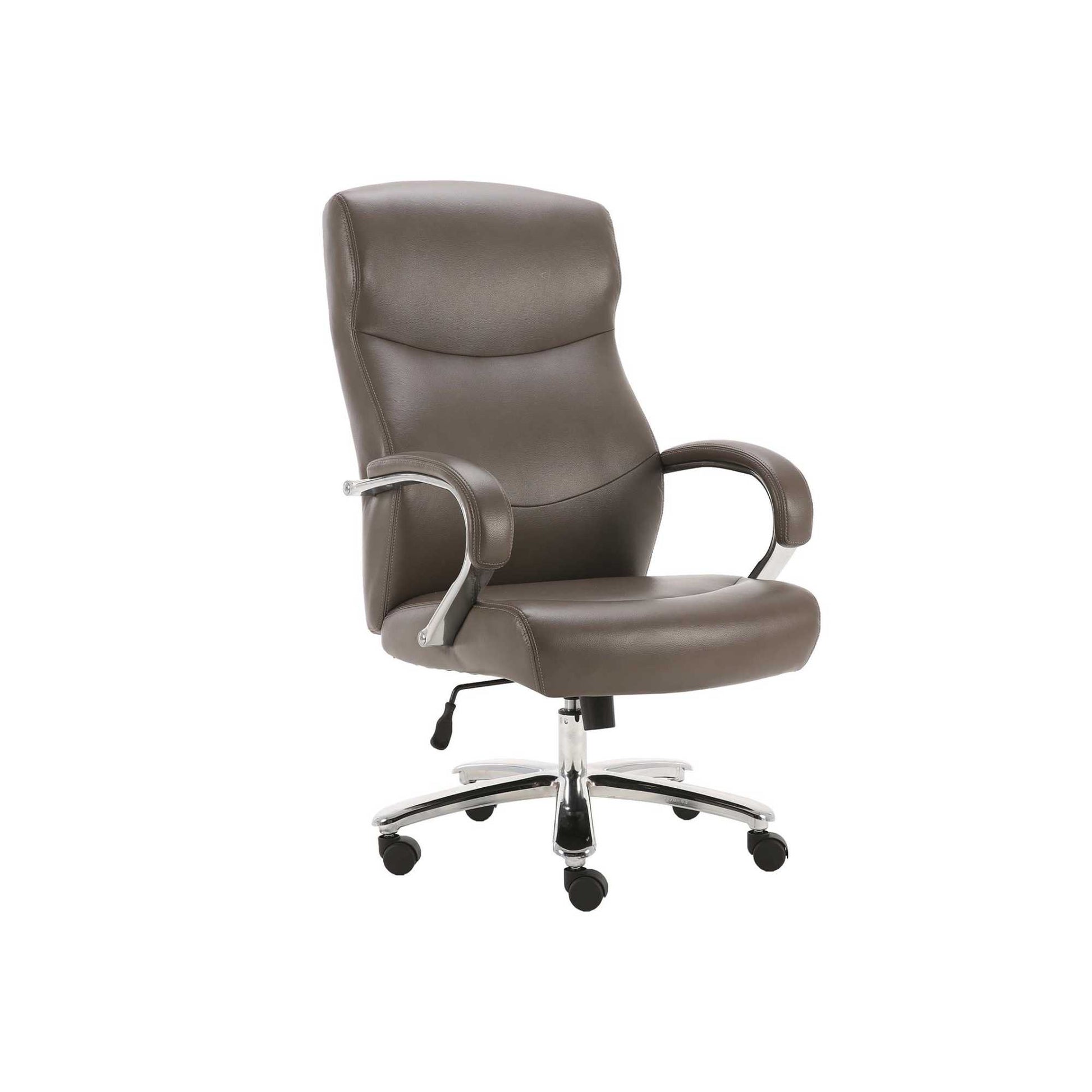 A brown office desk chair with a chrome finish base, featuring a high back, armrests, and a five-point wheeled base.