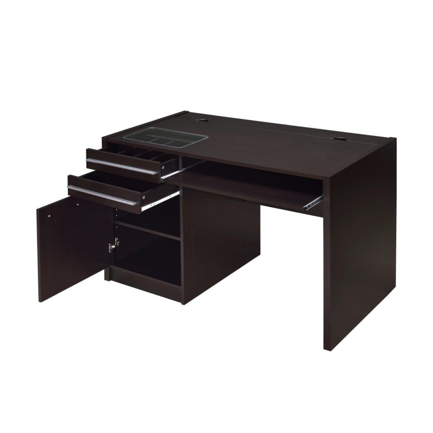 Dark brown L-shaped desk with open drawers on a white background