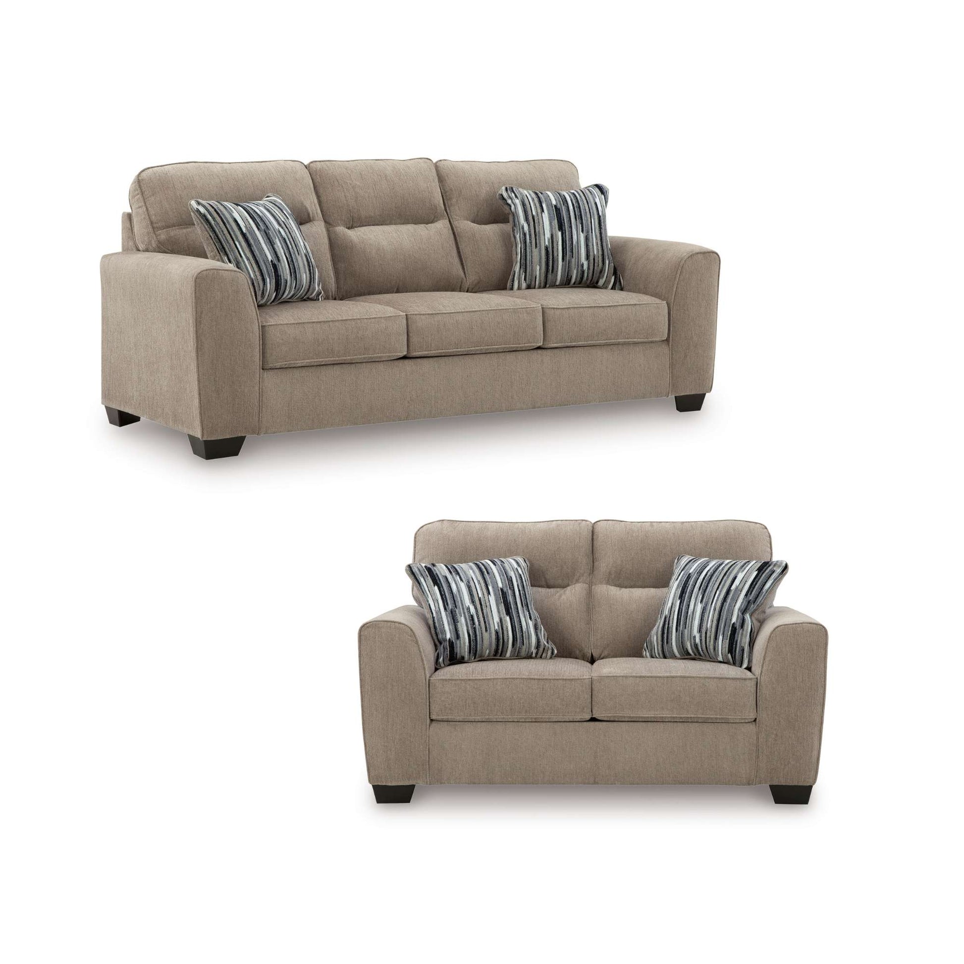 Wingfield loveseat and sofa in mocha upholstery with accent pillows on white background