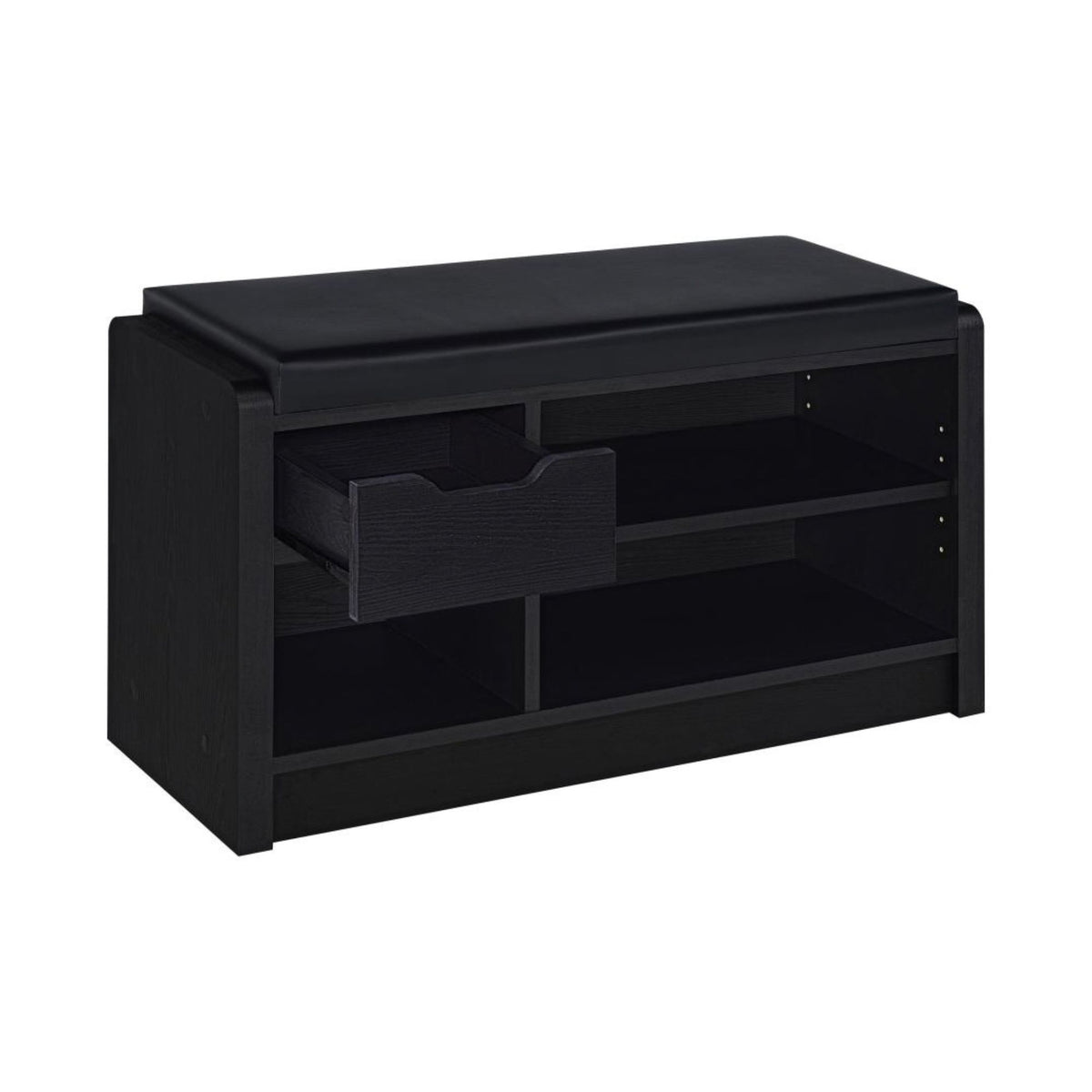 Yumia Black wooden storage bench with a cushioned top, one open drawer, and two open shelves, shown on a plain white background.